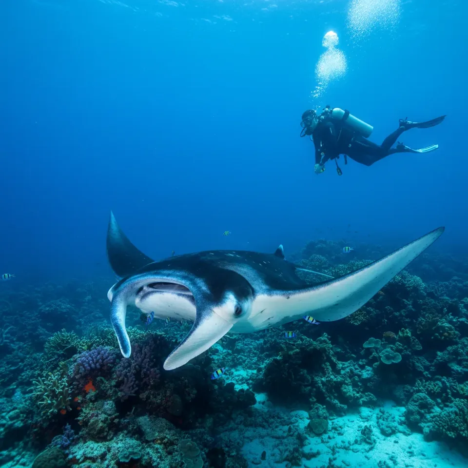 Manta ray over a reef
