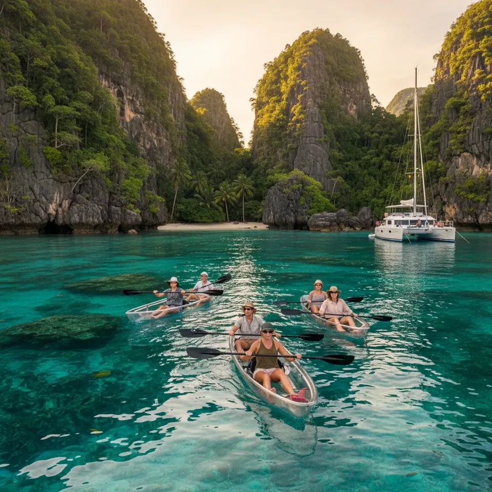 Lagoon with yacht and kayaks
