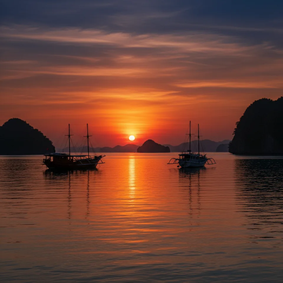 Phinisi silhouettes at sunset